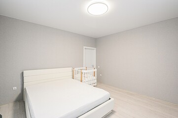 interior room apartment bedroom with bed, cozy place to sleep and relax