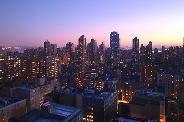 Dusk view of city skyline with glowing lights and clear sky.