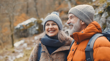 Fototapeta premium A happy middle-aged couple enjoys a hiking adventure in a lush forest, smiling brightly with backpacks, embracing nature, and celebrating an active, outdoor lifestyle.