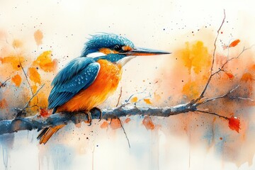 Watercolor Kingfisher Bird Painting Expressive Brush Strokes Soft Pastel Colors Light Wildlife Art