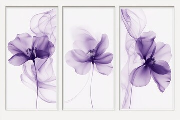 3 frames with a white background, a purple flower design, a smoke pattern, a simple and elegant style, a symmetrical composition, a light gray frame border, delicate lines, floral elements, and soft l