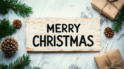 Rustic wooden Merry Christmas sign surrounded by pinecones evergreen branches and wrapped gifts
