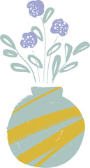 vase, flower, plant, green, spring, warm, decoration, yellow, mustardyellow, mint, blue, purple, illustration, png, transparent, card, clipart, botanic, botanical, minimalism, simple, modern, flatcolo