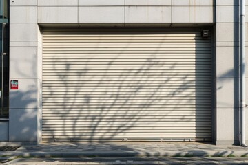 Steel roller door for warehouse security with granite wall background.