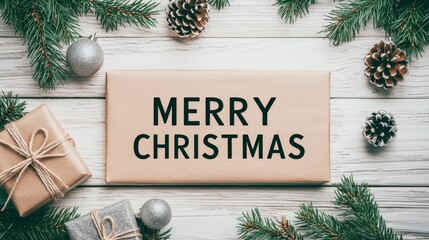 White wooden background with Merry Christmas text wrapped gift boxes pine branches and silver ornaments