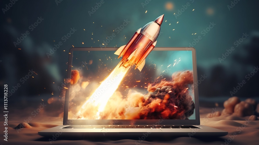 Aufkleber conceptual image of a startup rocket launching into the sky from a laptop screen symbolizing technol
