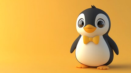 A cartoon penguin wearing a yellow bow tie stands against an orange background.