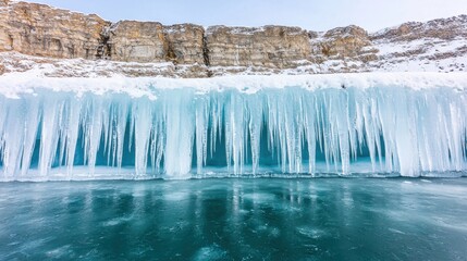 Stunning icy landscape with hanging icicles and a frozen lake, surrounded by rocky cliffs and a serene blue ambiance.