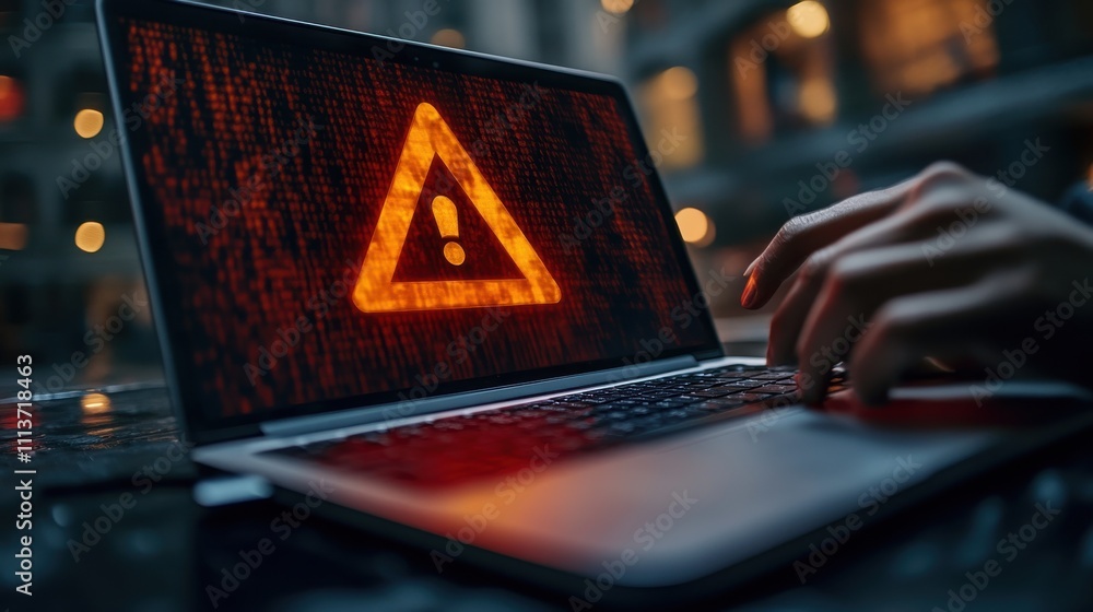 Poster using laptop showing warning triangle and exclamation sign icon warning of dangerous problems server