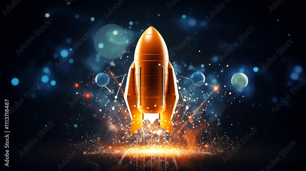 Poster futuristic concept illustrating startup innovation with digital icons holograms and other advanced t
