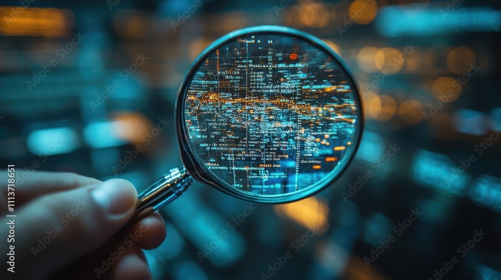 Poster using magnifying glass focus to seo icon to analyze seo search engine optimization for promoting ran