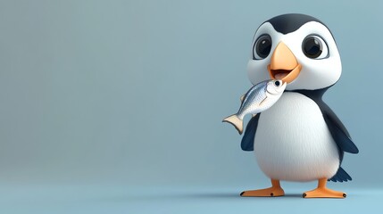 Obraz premium A cartoon penguin with large eyes holds a fish in its beak.