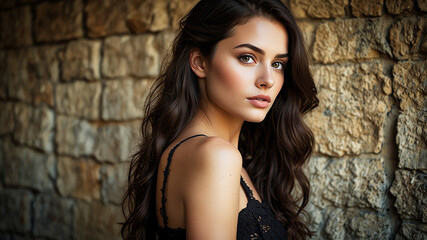 Fototapeta premium A young woman dressed in black in an old room, gothic atmosphere