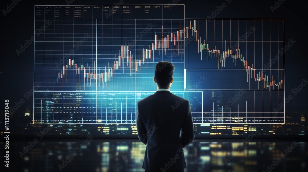 Poster young professional analyzing startup growth charts and financial data on large digital screen in mod