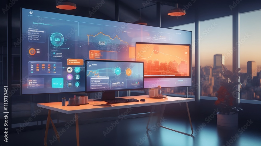 Poster a clean and modern workspace featuring a transparent digital display showcasing a startup s strategi