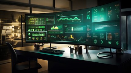 Fototapeta premium Sleek and futuristic transparent workspace with startup strategy visuals and data analytics displayed on a large transparent screen showcasing a modern and innovative office design for the future