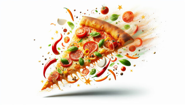A slice of pizza floating on food, on a white background. Realistic food illustration. - Powered by Adobe