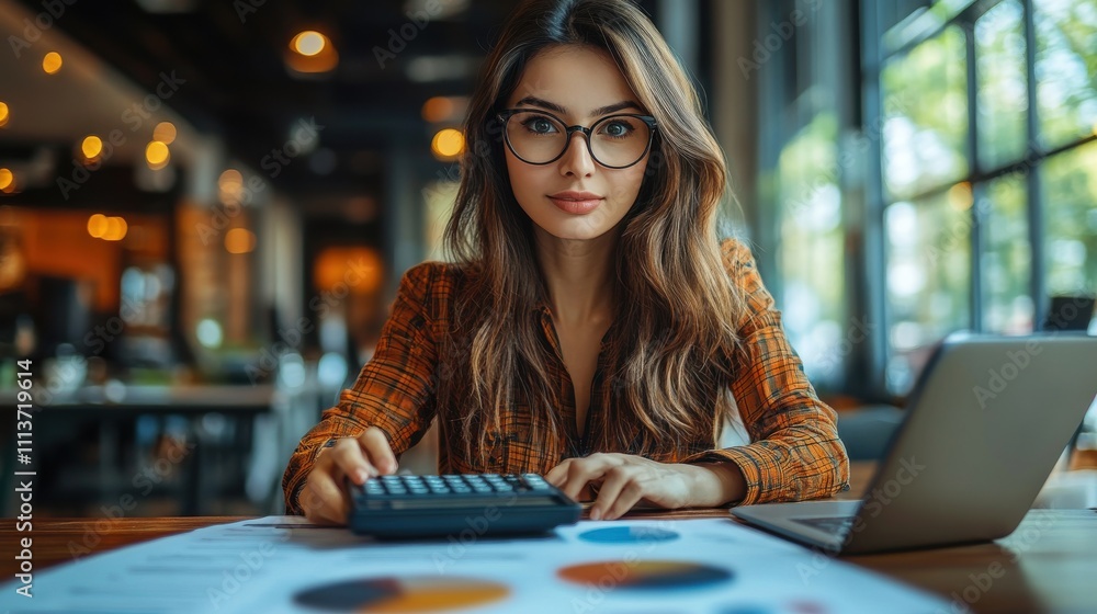 Poster businesswoman using calculator to calculate financial data e document on digital tablet and working 