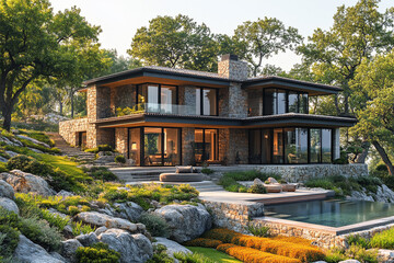 Obraz premium Modern Stone House nestled in a lush green hillside landscape
