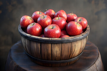 Fresh Red Apples in Rustic Wooden Barrel Isolated on Black Background