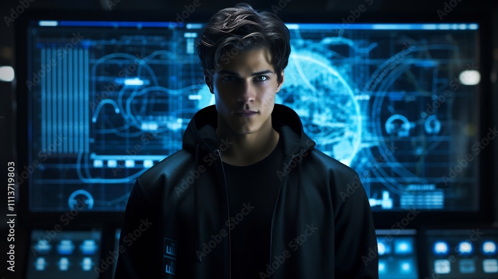 Aufkleber confident young entrepreneur stands with a determined pose in front of a digital startup progress ch