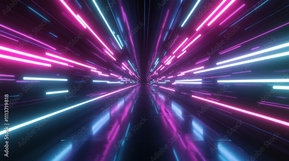 Poster vibrant neon tunnel with dynamic light streaks creating a futuristic atmosphere.