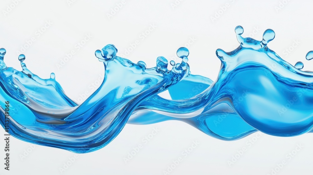 Poster dynamic splash of clear blue water creating elegant curves and droplets against a soft white backdro