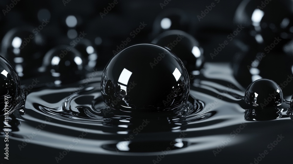 Poster close-up of black liquid with spherical bubbles, creating a serene and abstract mood.