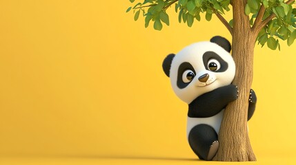 A cute cartoon panda bear hugs a tree trunk on a yellow background.