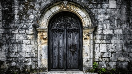 Fototapeta premium Majestic Entrance: Ornate Wooden Doors in Stone Archway