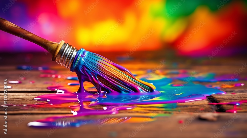Poster close up of a paintbrush dripping with vibrant colorful paint onto a rustic wooden background the de