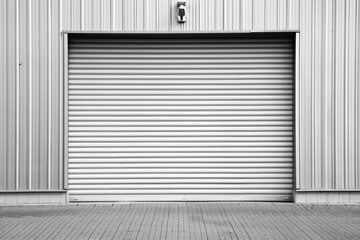 Closed white roller shutter door   automatic metal roller door used in factory  storage  garage.