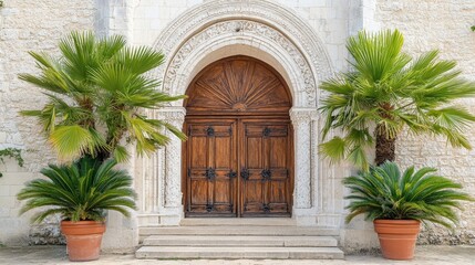 Fototapeta premium Ornate Wooden Doors with Tropical Foliage Framing the Entrance
