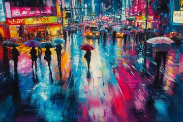 Vibrant city street at night with colorful umbrellas and reflections. Generative AI