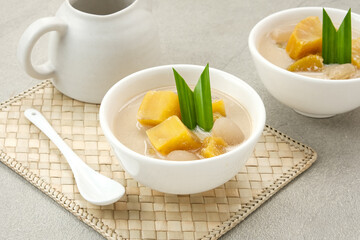 Kolak Ubi, Indonesian traditional dessert, made from sweet potato, coconut milk, sugar and pandanus leaves. 
