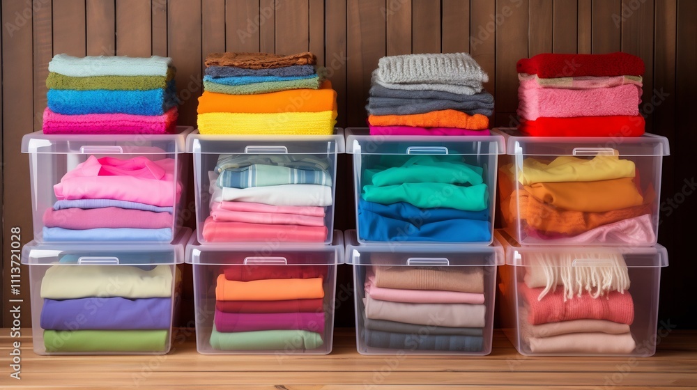Aufkleber transforming a cluttered closet with vibrant storage boxes and shelves for a neat efficient and visu