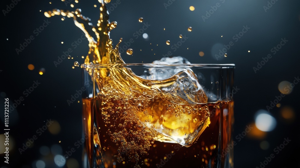 Poster refreshing drink splashing in a glass with ice cubes, creating an inviting atmosphere.