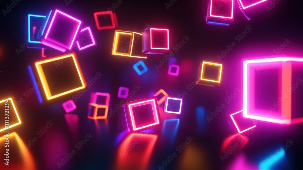Poster colorful glowing cubes in vibrant neon hues float in a dynamic space.