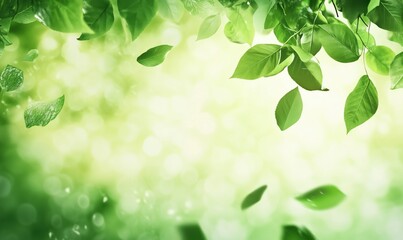 Green leaves background with bokeh effect, vibrant foliage, soft light, nature theme, fresh greenery, peaceful atmosphere