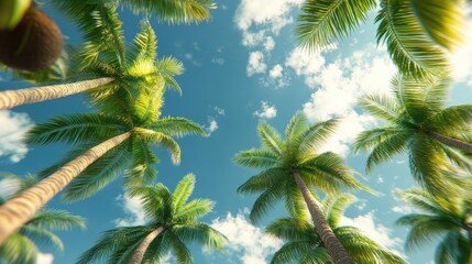 Fototapeta premium A vibrant view of tall palm trees against a clear blue sky with fluffy clouds, conveying a tropical paradise atmosphere.