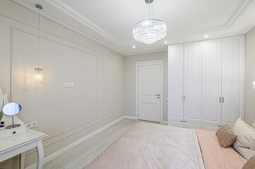 interior room apartment bedroom with bed, cozy place to sleep and relax