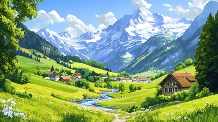 Obraz premium A serene landscape featuring lush green hills, a tranquil river, and majestic mountains in the background.