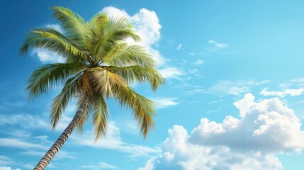 A tall palm tree swaying gently under a bright blue sky with fluffy white clouds.