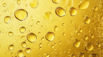 Raindrops on a vibrant yellow surface create a mesmerizing pattern of water droplets.