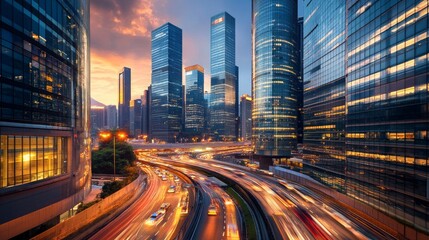 Obraz premium City skyline at dusk with lights reflecting off tall buildings. Generative AI