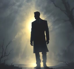 Illustration of man in suit silhouette with dramtaic background.