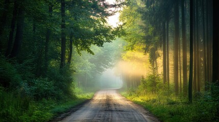 Obraz premium The country road quietly winds its way through a dense forest, creating a serene atmosphere as early morning light filters through the trees, illuminating the mist.