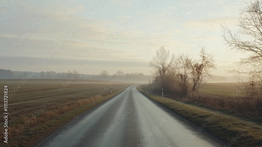 Poster the straight country road stretches ahead, disappearing into a soft morning mist. lush fields border