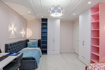 interior room apartment bedroom with bed, cozy place to sleep and relax