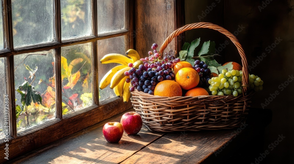 Poster a beautiful wicker basket brimming with a variety of colorful fruits is placed near a sunlit window.